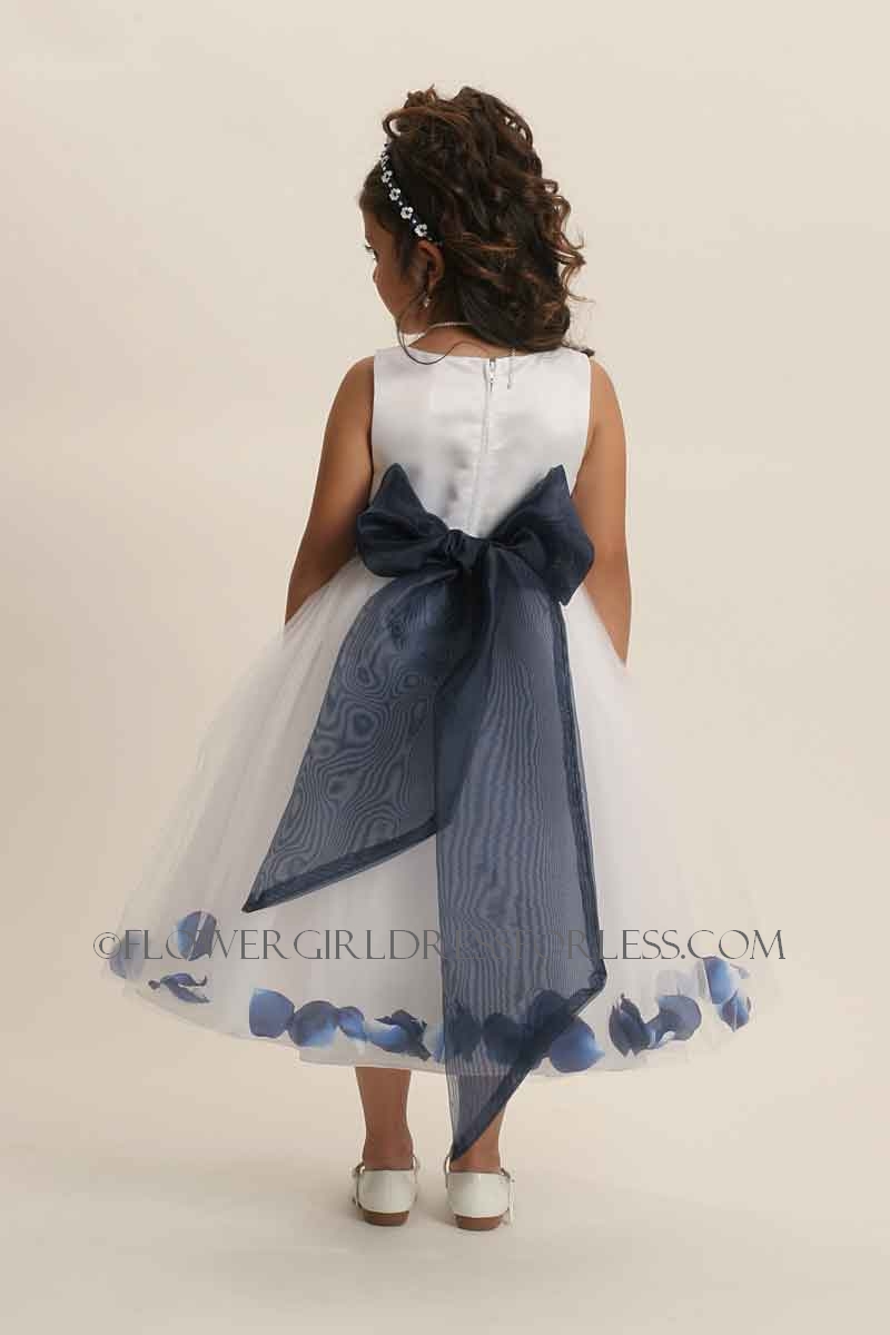 MB 152WNV Flower Girl Dress Style 152 Choice of White or Ivory Dress with Navy Sash and Petals Petal Dresses Flower Girl Dresses Flower Girl Dress For Less