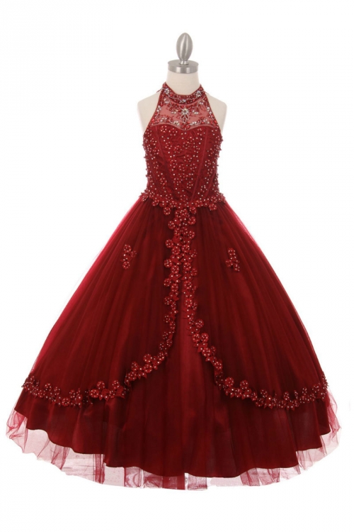 CC 5060BUR Girls Dress Style 5060 Burgundy Beaded Halter Style Long Gown Cinderella Couture Flower Girl Dresses Flower Girl Dress For Less