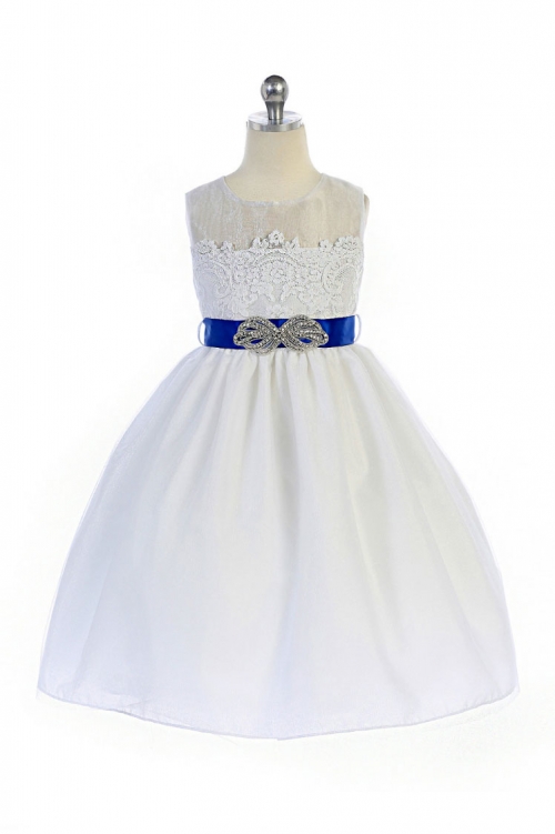 white dress with blue ribbon