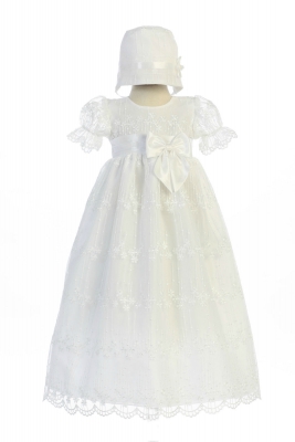 Girls Baptism-Christening Gown Style CAMILA- Short Sleeved Embroidered Gown