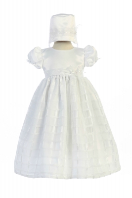 Girls Baptism-Christening Gown Style GISELLE- Short Sleeved Satin and Plaid Gown