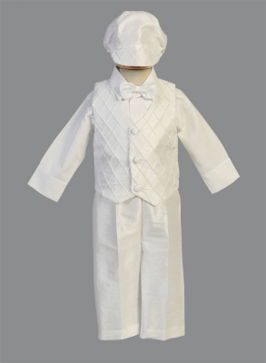 Boys Baptism-Christening style JOHN - WHITE Pintuck Poly Silk Vest and Pants Set