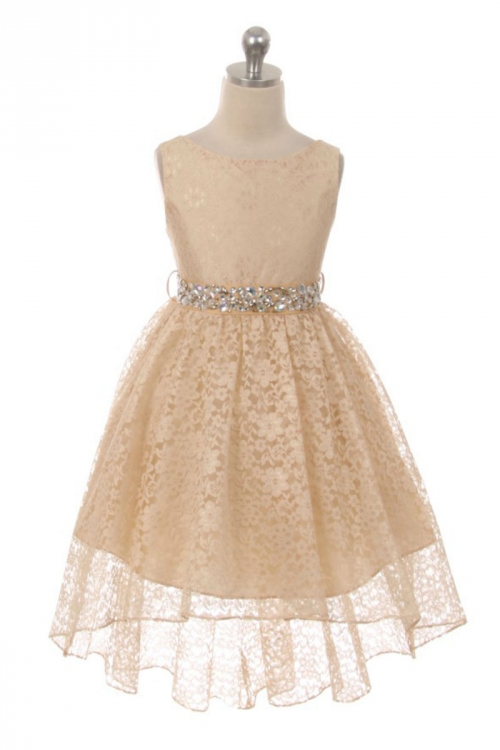 Girls Dress Style 360 CHAMPAGNE High Low Lace Dress with Matching Rhinestone Sash