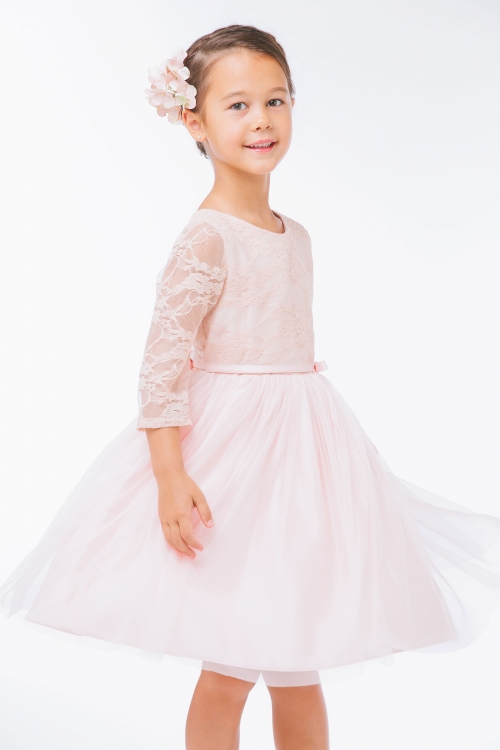 Girls Dress Style 599 Tulle Dress with Lace Bodice in Blush