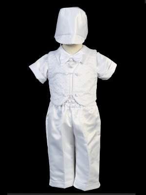 Boys Baptism and Christening Outfit Set Style 3719- WHITE Satin Set with Bonnet