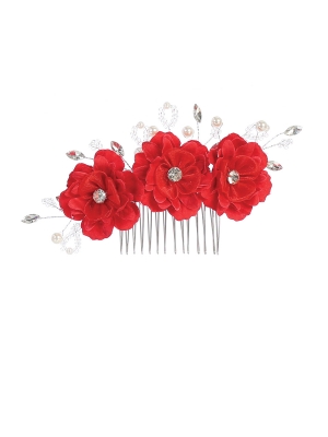 Girls Floral Bridal Quality Haircomb - Style 135 in Red