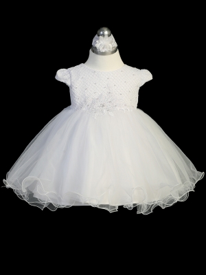 Girls Dress Style 2360 - Gorgeous Cap Sleeved Waffle Pattern Bodice with Lace Applique Baptism Dress