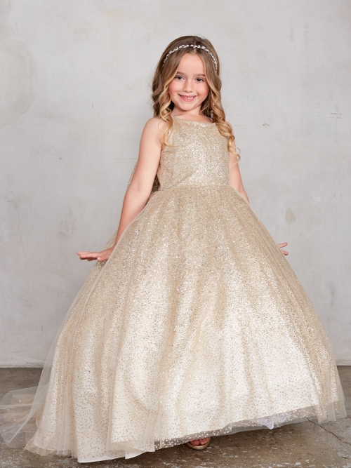 TT 5804GD Girls Dress Style 5804 Glitter Train Dress with Big Bow in Gold Girls Dresses Flower Girl Dresses Flower Girl Dress For Less