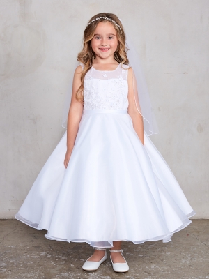 Girls Dress Style 5813 - Lace Illusion Neckline Bodice with Organza A Line Skirt in White