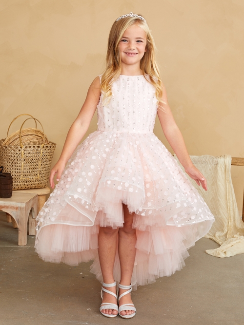 TT 5837BH Blush Beaded High Low Dress with 3D Flowers Rose Flower Girl Dresses Flower Girl Dress For Less