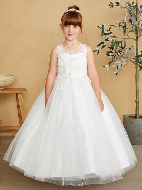 TT 7038IV Ivory Illusion Neckline Dress with 3D Floral Details Plus Sizes 18 26 Flower Girl Dresses Flower Girl Dress For Less