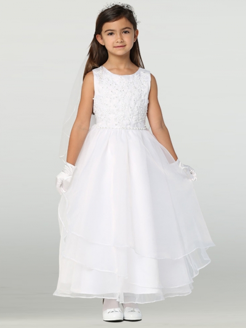 L_SP604 - Style SP604 - WHITE Sleeveless Embroidered Organza Dress