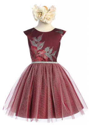 Burgundy Cap Sleeved Metallic Floral Jacquard Tulle Dress