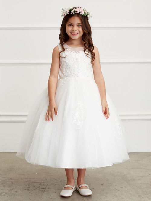 TT 5818IV Ivory Illusion Neckline Dress with Lace Applique Bodice and Skirt Father Daughter Dance Flower Girl Dresses Flower Girl Dress For Less