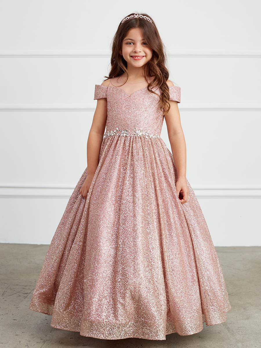 TT 7029RG Rose Gold Glitter Illusion Neckline Off Shoulder Dress with Rhinestone Waist New Items Flower Girl Dresses Flower Girl Dress For Less