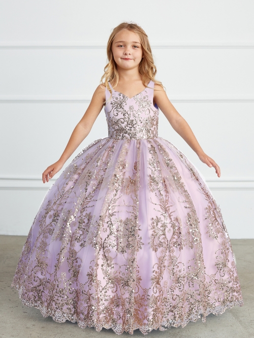 TT 7036LL Lilac Glitter Mesh Overlay Ball Gown Lilac Flower Girl Dresses Flower Girl Dress For Less