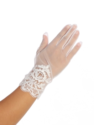 Girls Mesh Wrist Length Gloves with Lace Applique