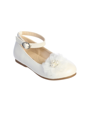 White Matte Flats with Mesh Flower and Rhinestone & Pearl Accents