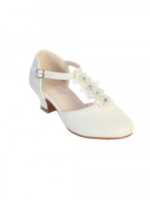 Ivory T-Strap Girls Shoes with Flowers - Style S142