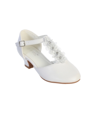White T-Strap Girls Shoes with Flowers - Style S142