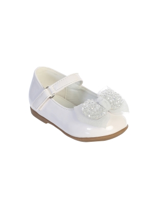 White Patent Baby Shoe with Beaded Bow - Style S143