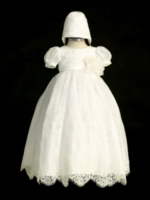 Ivory All Lace Puff Sleeve Christening Gown