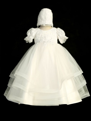 Ivory Puff Sleeve Lace Bodice Dress with a Horsehair Trim Layered Skirt