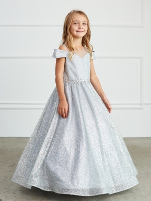 Silver Glitter Illusion Neckline Off Shoulder Dress with Rhinestone Waist