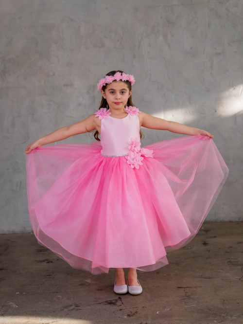 CA D802HP Hot Pink Flower Adorned Dress Hot Pinks and Fuchsia Flower Girl Dresses Flower Girl Dress For Less