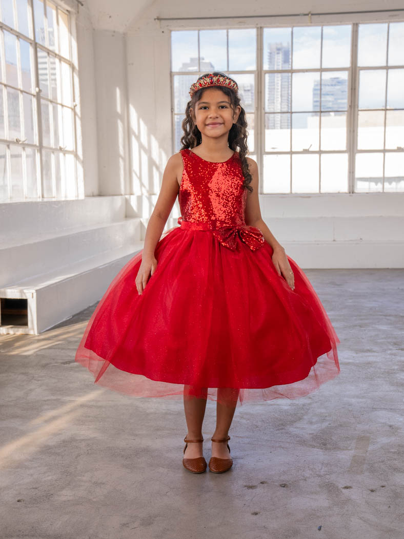 CA D832 RD Red Dress with Sequin Bodice and Tulle Skirt Red Flower Girl Dresses Flower Girl Dress For Less