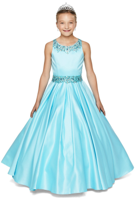 Girls Dress Style 5047 - Aqua Satin and Sequin Ball Gown
