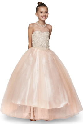 Girls Dress Style 5055 - Blush Pearl Halter Style Long Gown
