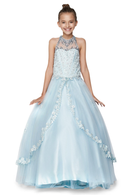 Girls Dress Style 5060 - Blue Beaded Halter Style Long Gown