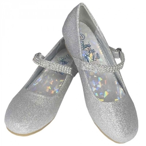 Girls Shoe Style Mia - Silver Patent Mary Jane Shoe with Rhinestone Strap