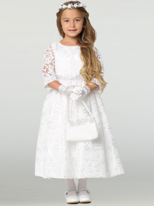 Quarter Sleeve White Lace Dress for Girls