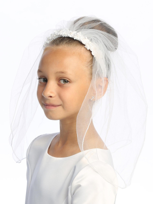 Communion Head Wreath Style T-43- White Veil with Flowers, Rhinestones, and Pearl Accents