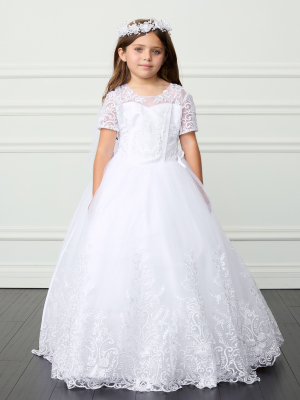 Girls Communion Dress with Maria Embroidery & Lace Applique Skirt