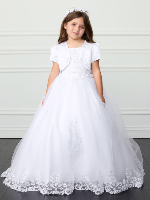 Elegant First Communion Dress with Embroidered Skirt and Satin Bow