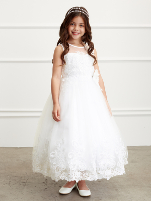 Ivory Sleeveless Lace Bodice Dress with Illusion Neckline