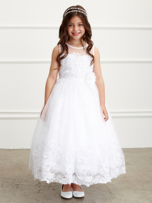 White Sleeveless Lace Bodice Dress with Illusion Neckline