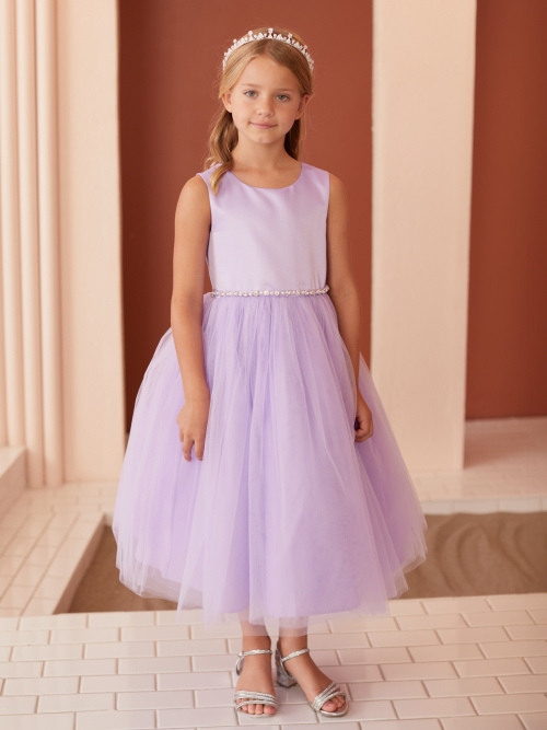 Satin flower girl hot dress with tulle skirt