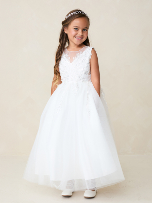 Girls V-Neck Dress with 3D Leaves & Beaded Bodice in Choice of White or Ivory