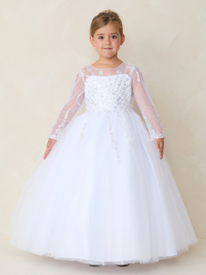 White Girls Long-Sleeve Illusion Mesh Dress with Beaded Bodice & Tulle Skirt