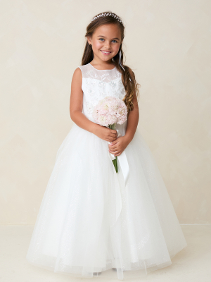 Ivory Illusion Neckline Dress with 3D Flowers & Glitter Tulle