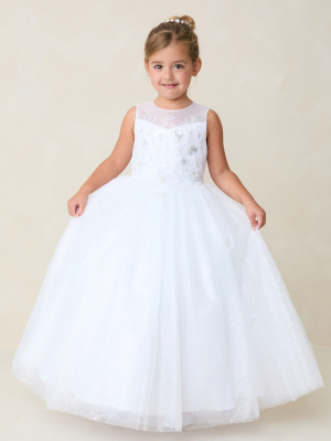 White Illusion Neckline Dress with 3D Flowers & Glitter Tulle