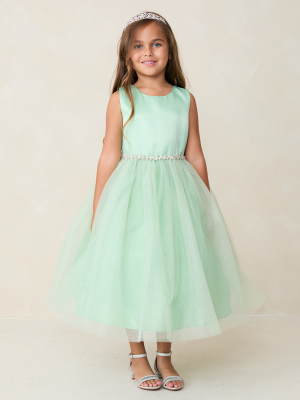 Sage Satin and Glitter Tulle Dress