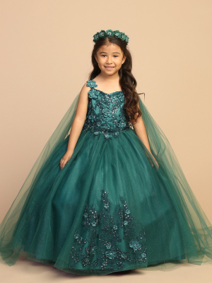 Emerald 3D Floral Dress with Detachable Cape