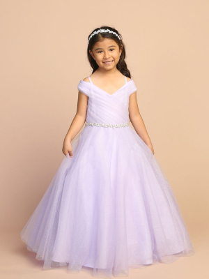 Lilac Off Shoulder Glitter Tulle Dress with Rhinestones on Waist