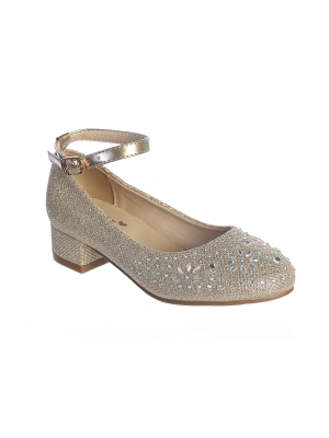 Rose Gold Metallic Glitter Block Heels with Rhinestone Details