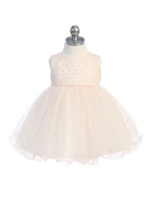 Blush Infant Dress with Lace Bodice and Scattered Pearls